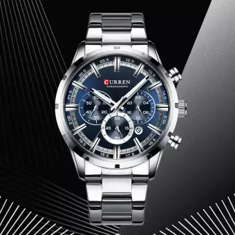 CURREN 8355 Silver Stainless Steel Chronograph Watch For Men - Royal Blue & Silver