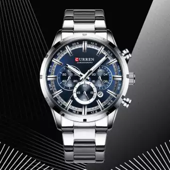 CURREN 8355 Silver Stainless Steel Chronograph Watch For Men - Royal Blue & Silver