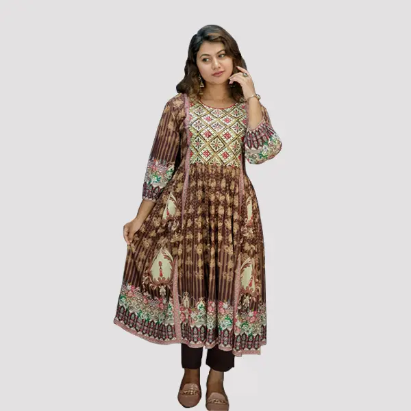 Cream Coffee-colored Embroidery Traditional Kurtis 6501