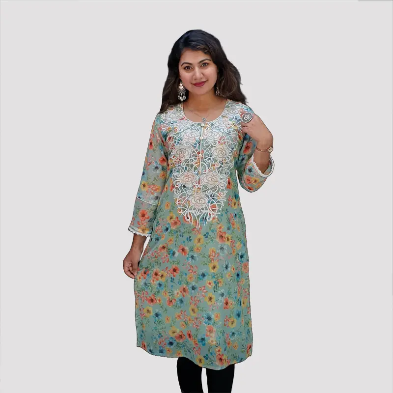 Adorn yourself in the exquisite charm of Lucknow Embroidery Georgette Kurtis.