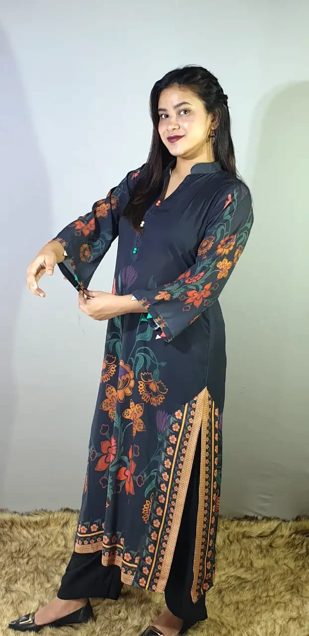 Color-set Trendy Black Floral Long Kurtis One Piece
