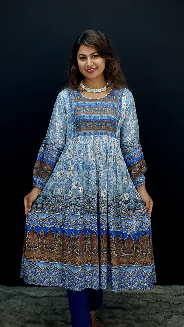 Floral Blue Mirror Work Traditional Kurtis