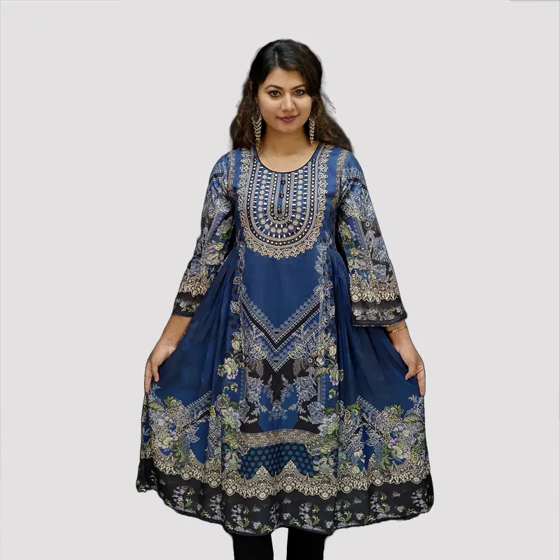 Style elegance in shades of the deep Ocean blue  floral embroidery Kurti 6528