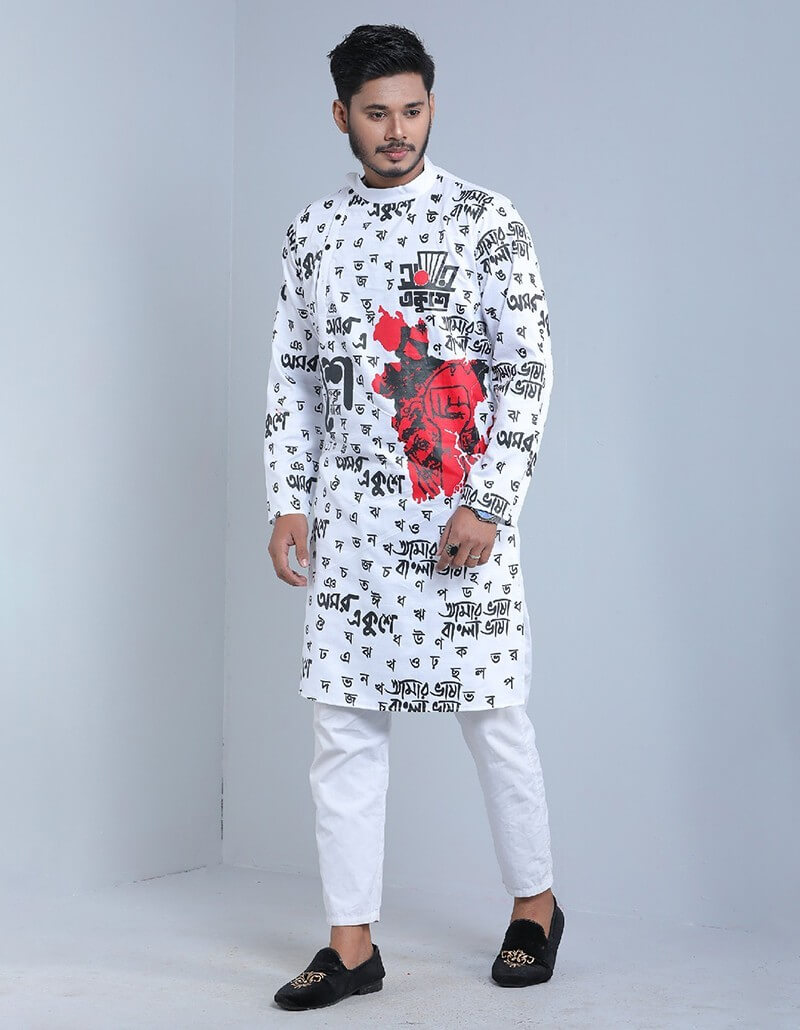 Men Ethnic & Designer Wear Kurta with Cotton Fabric Printed and Colourful Delighted Option (Ekushe February, International Mother Language Day, Ceremony, Casual, Engagement)-17894P